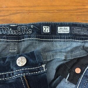 Miss Me Blue Straight Leg Jeans with Contrast Stitching
33” Inseam